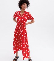 New Look Red Spot Frill Trim Puff Sleeve Midi Shirt Dress